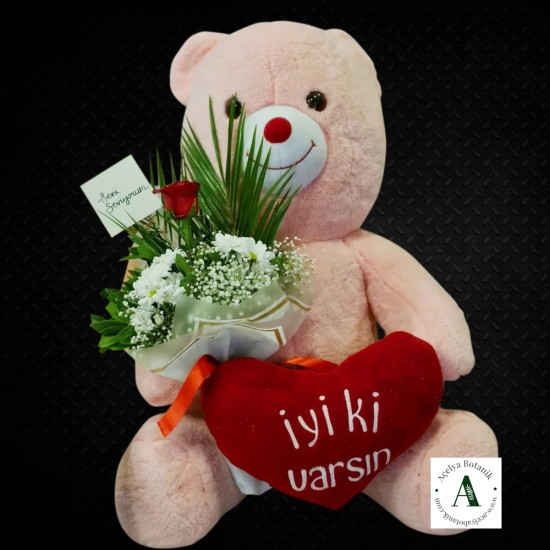 İyi ki Varsın Peluş Ayıcık Kucağında Papatya Ve Gül